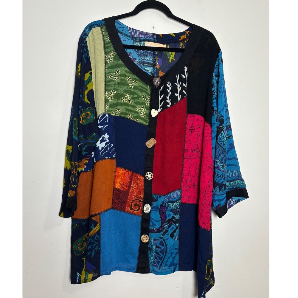 La Cera Womens Patchwork Button Front Blouse 1X B… - image 1